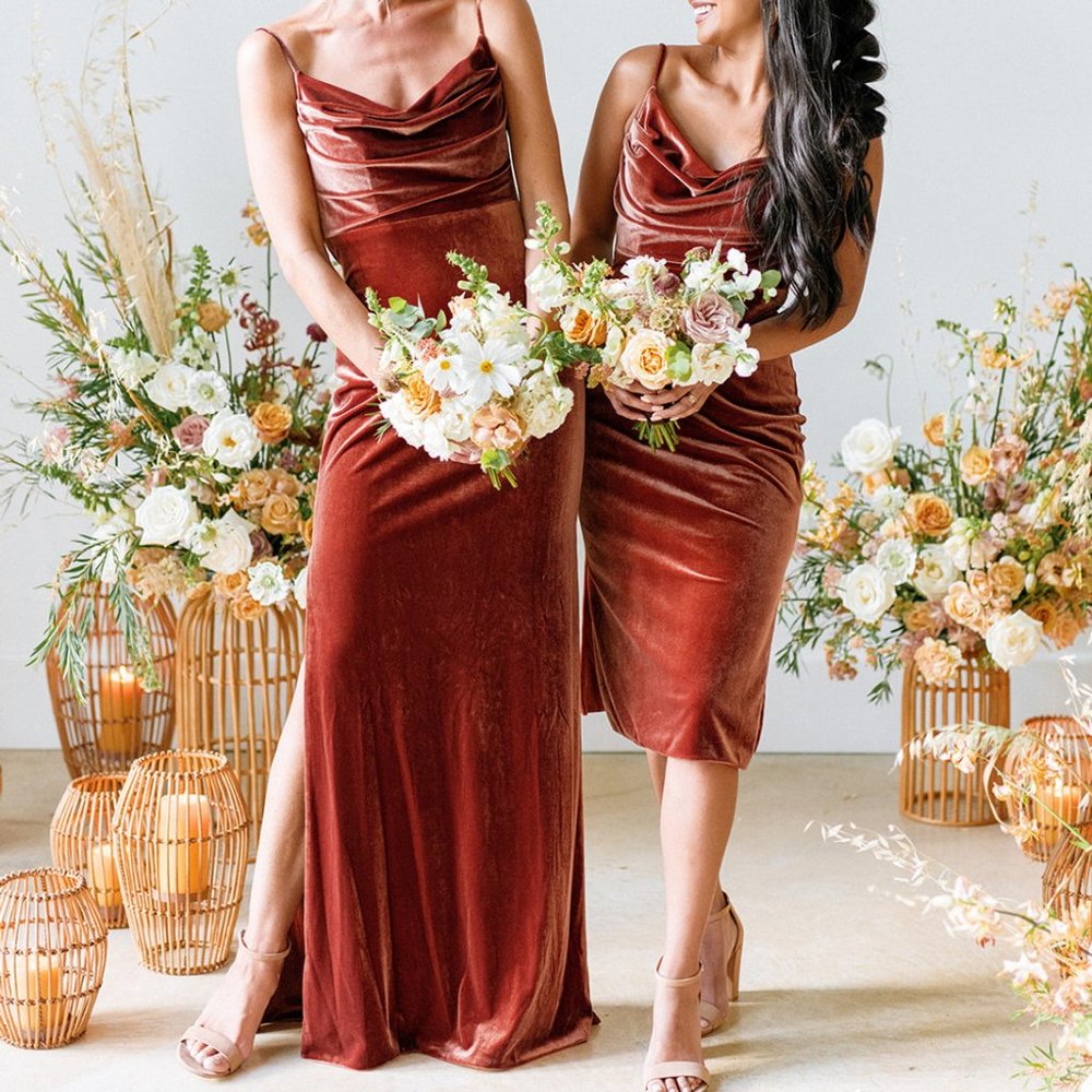 Revelry Rust Velvet Bridesmaid Dresses